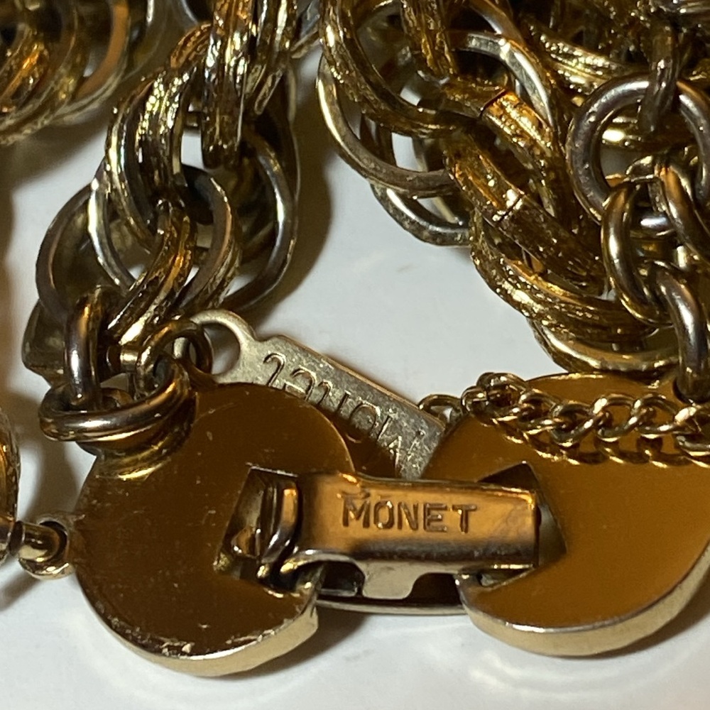 VTG Monet Gold Plated Chunky Twisted Double Chain Bracelet Tassel Charm - Picture 4 of 4